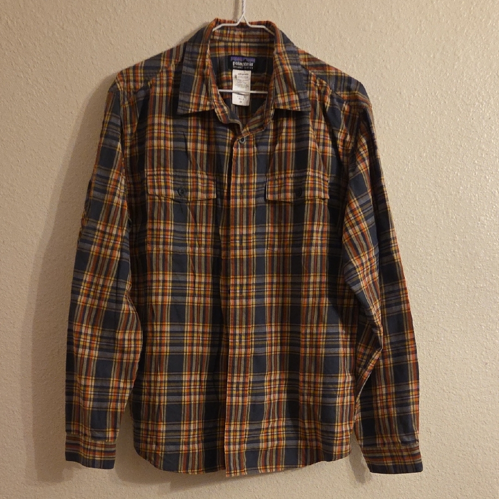 Patagonia Men's Long Sleeve Button Plaid Shirt - Navy Orange Cream